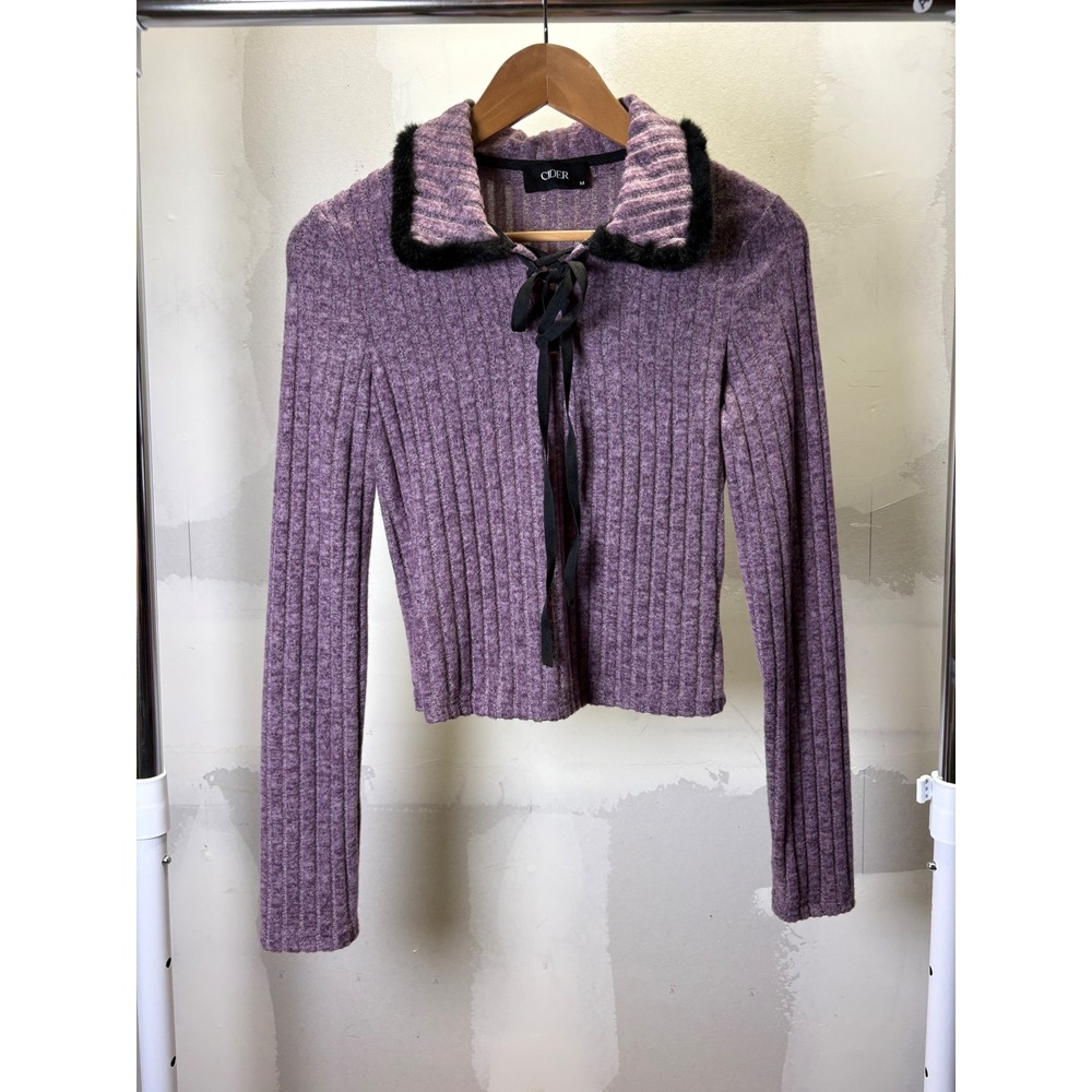 Cider Womens Purple Ribbed Knit Faux Fur Collar Tie Front‎ Cardigan Sweater M